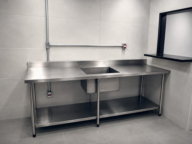 Bancada longa em inox com cuba embutida